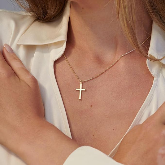 Cross Pendant Necklace with Box Chain (16.5inch) 14 carat gold filled